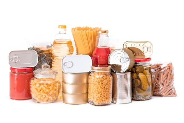 Canned food spaghetti tomato juice pasta and grocery isolated on white background